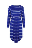 Women's Stripe Elastic Waist Pocket Long Sleeve Loose Midi Dress Blue 101