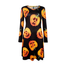 Black And Orange Pumpkin Print Long Sleeve Shift Dress 0150