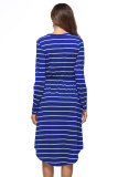 Women's Stripe Elastic Waist Pocket Long Sleeve Loose Midi Dress Blue 101