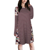 Long Sleeve Floral Patchwork Striped A-Line Dress Wine Red 105