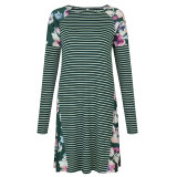 Long Sleeve Floral Patchwork Striped A-Line Dress Green 105