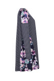 Long Sleeve Floral Patchwork Striped A-Line Dress Blue 105