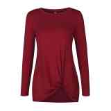 Knot Front Long Sleeve Tee Wine Red 097