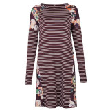 Long Sleeve Floral Patchwork Striped A-Line Dress Wine Red 105