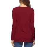 Knot Front Long Sleeve Tee Wine Red 097