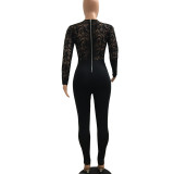 Lace Panel Long Sleeve Black Jumpsuit 9831