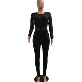 Lace Panel Long Sleeve Black Jumpsuit 9831