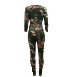 Deep V Neck Long Sleeve Floral Skinny Jumpsuit 6897