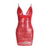 Spaghetti Strap V Neck Sequin Mini Dress Red 2139