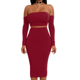 Lace-up Back Two Piece Dress Outfit Wine Red 2225