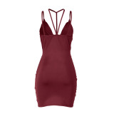 Strappy Ruched Wrap Dress Wine Red 2149
