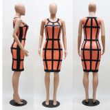Women Plus Stripe Print Sleeveless Bodycon Dress Orange 2047