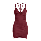 Strappy Ruched Wrap Dress Wine Red 2149