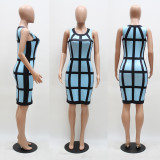 Women Plus Stripe Print Sleeveless Bodycon Dress Blue 2047