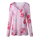 Criss Cross Neckline Long Sleeve Shirt Pink 0592
