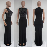 Rhinestone Sleeveless Bodycon Maxi Dress Black 2079
