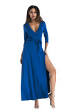 V-Neck 3/4 Sleeve Faux Wrap Maxi Dress Royal Blue 5068
