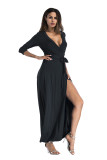 V-Neck 3/4 Sleeve Faux Wrap Maxi Dress Black 5068
