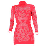 Long Sleeve Studded Dress Red 6969