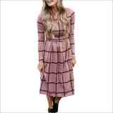 Long Sleeve Plaid Midi Dress Pink 71206
