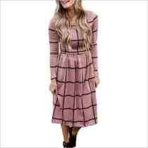 Long Sleeve Plaid Midi Dress Pink 71206