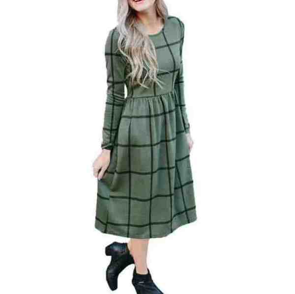 Long Sleeve Plaid Midi Dress Green 71206