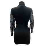 Long Sleeved Studded Dresses Black 6969