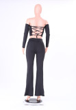 Lace-up Crop Top And Long Pants Outfit Black 2223