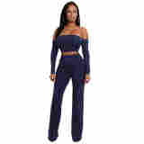 Lace-up Crop Top And Long Pants Outfit Blue 2223