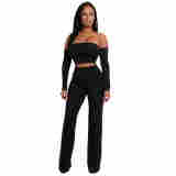 Lace-up Crop Top And Long Pants Outfit Black 2223