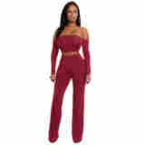 Lace-up Crop Top And Long Pants Outfit Wine Red 2223