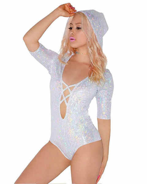 Holographic White Lace Up Hood Bodysuit 002