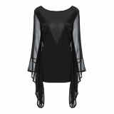 Big Flared Sleeve Black Dress 0776