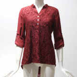 Roll Tab Sleeve Lace Panel Chiffon Blouse Red 7238