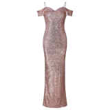 Strap Off Shoulder Sequin Evening Gown Champagne 1214