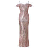 Strap Off Shoulder Sequin Evening Gown Champagne 1214
