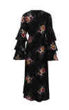 Plus Size Flared Sleeve Floral Abaya Maxi Dress Black 9071