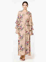 Plus Size Flared Sleeve Floral Abaya Maxi Dress Apricot 9071
