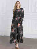 Plus Size Flared Sleeve Floral Abaya Maxi Dress Black 9071