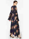 Plus Size Flared Sleeve Floral Abaya Maxi Dress Blue 9071