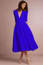 Women V Neck Tea Length Swing Dress Blue 209