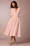 Women V Neck Tea Length Swing Dress Pink 209