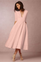 Women V Neck Tea Length Swing Dress Pink 209