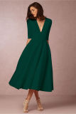 Women V Neck Tea Length Swing Dress Green 209