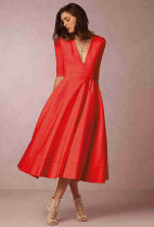 Women V Neck Tea Length Swing Dress Red 209