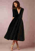 Women V Neck Tea Length Swing Dress Black 209