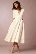 Women V Neck Tea Length Swing Dress White 209