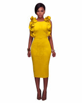 Ruffle Midi Bodycon Dress Yellow 5083