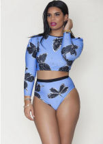 Butterfly Print Long Sleeve Swimsuit Top And Bottom Set 1825
