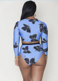 Butterfly Print Long Sleeve Swimsuit Top And Bottom Set 1825